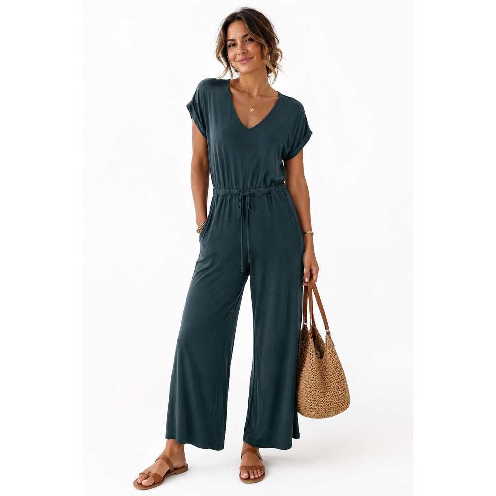 Hem & Thread Jumpsuit Medium Green Ribbed V-Neck Drawstring Waist Wide Leg